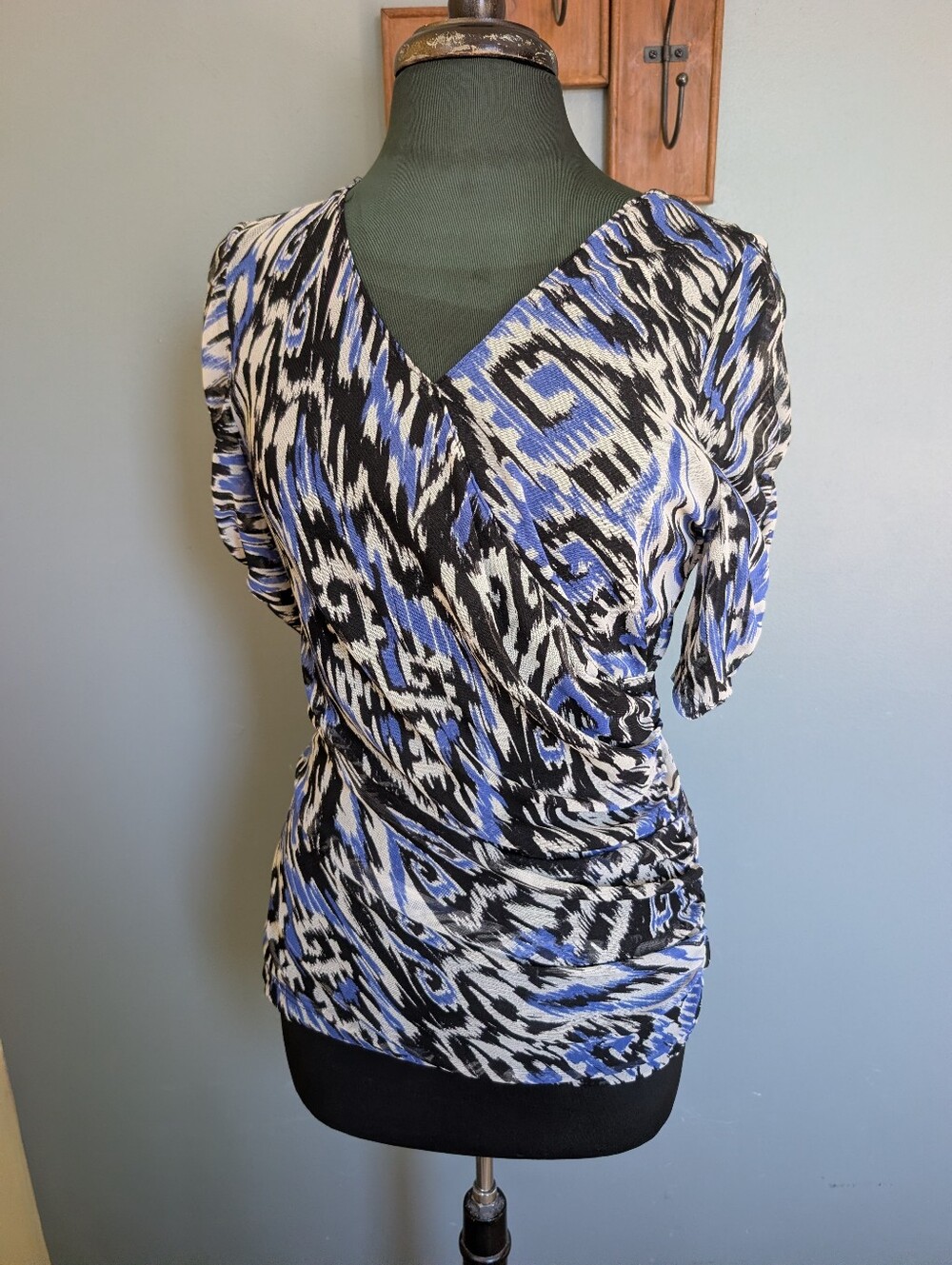 Ruched Wrap-Style Women's Top in Black, White & Blue